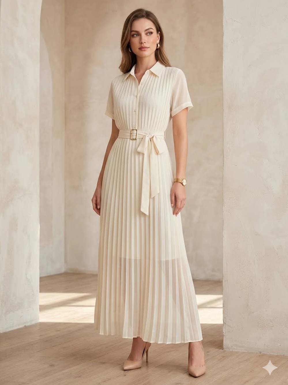 SHEIN Cream Pleated Short-Sleeve Maxi Dress with Waist Sash